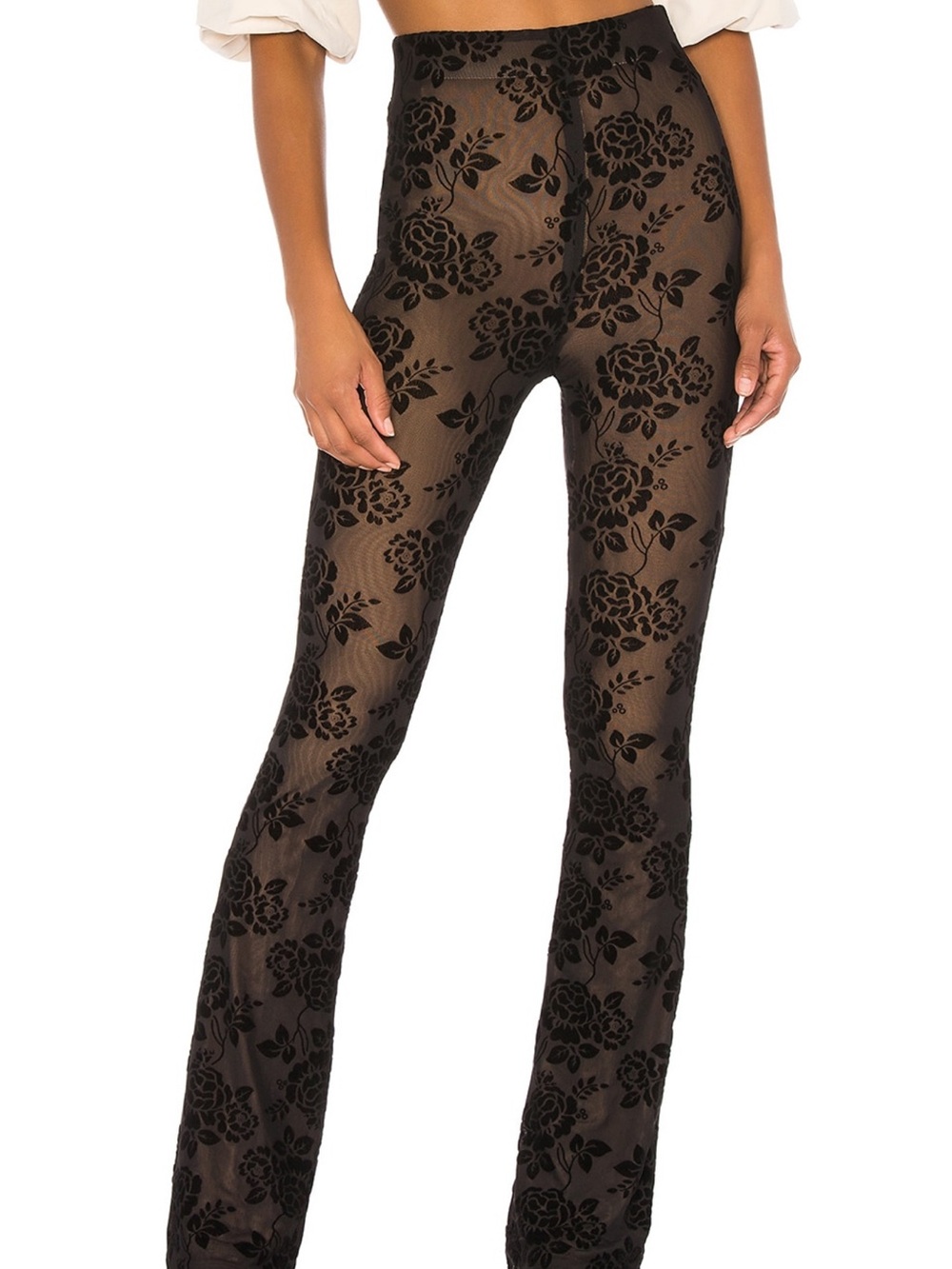 MAJORELLE Black Sheer Floral Velvet Flocked Pants